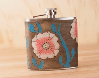 Flask - Leather Flask - Flower Flask - 6oz Flask - Handmade in the Aurora pattern with flowers and vines in pink, turquoise, antique black