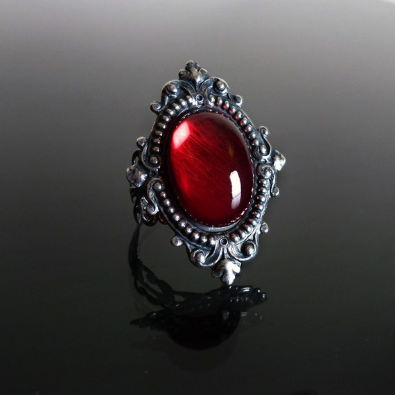 Victorian gothic ring - Ruby red ornate filigree steampunk ring - adjustable SINISTRA ring by DarkEleganceDesigns steampunk buy now online