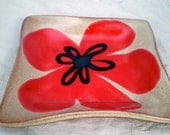 Red Flower Pottery Dish, Square Serving Plate, Spoon Rest, Candle Holder, Soap Dish, Jewelry Holder Red Flower Pottery Dish, Square Serving Plate, Spoon Rest, Candle Holder, Soap Dish, Jewelry Holder