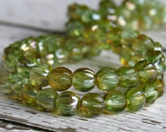 Chrysolite Celsian Czech Bead Glass 5mm Melon Rounds : 50 pc Green 5mm Melon