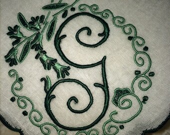 G Monogram Beautiful Greens Pristine Vintage Madeira Linen Handkerchief Hankie