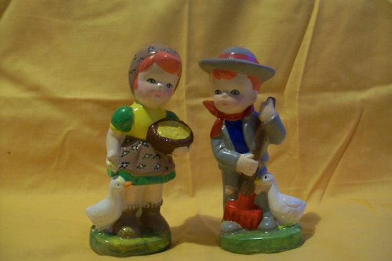 Boy & girl doing their daily chores, girl feeding ducks, boy sweeping up after ducks, child gift, ceramic figures, hand painted, collectible
