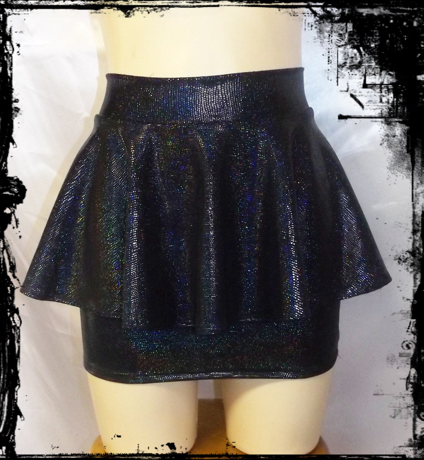 Black Holographic Lycra Spandex Peplum Mini Skirt by annaladymoon
