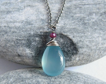 Chalcedony Necklace, Sky Blue Chalcedony, Ruby Gemstone, Teardrop Pendant, Oxidized Sterling Silver, Boho Necklace