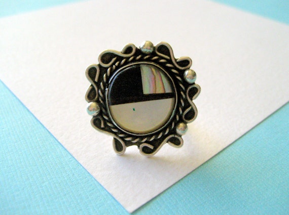 Zuni Inlay Sunface Sterling Silver Ring Size 6.75