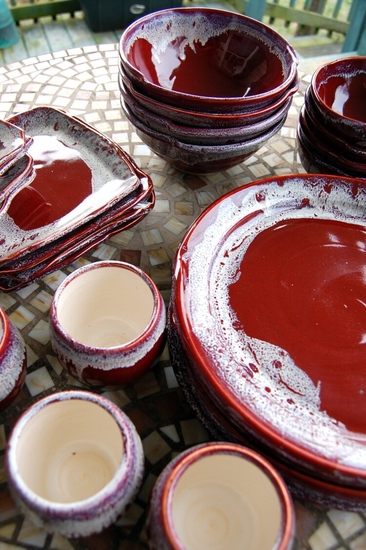 Eclectic Dinnerware Set of 4 Place Settings in Red by pagepottery