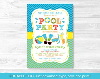 Boys Pool Party Birthday Invitation INSTANT DOWNLOAD Editable PDF