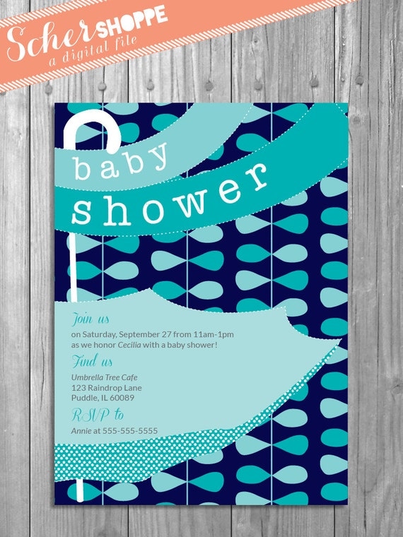Items similar to Raindrops and Umbrella Baby Shower Invitation in Blue