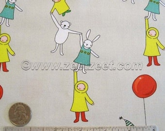 Just for Fun KIDS WITH BALLOON, Bear, Bunny Rabbit - Gray Green - Cotton Quilt Fabric - by the Yard, Half Yard, or Fat Quarter Fq