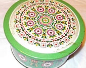 70s Vintage Green & Pink Round Flower Tin Box, Canister, Filled with Destash, Sewing, Crafting Supplies, Fabric,Hanky,Buttons