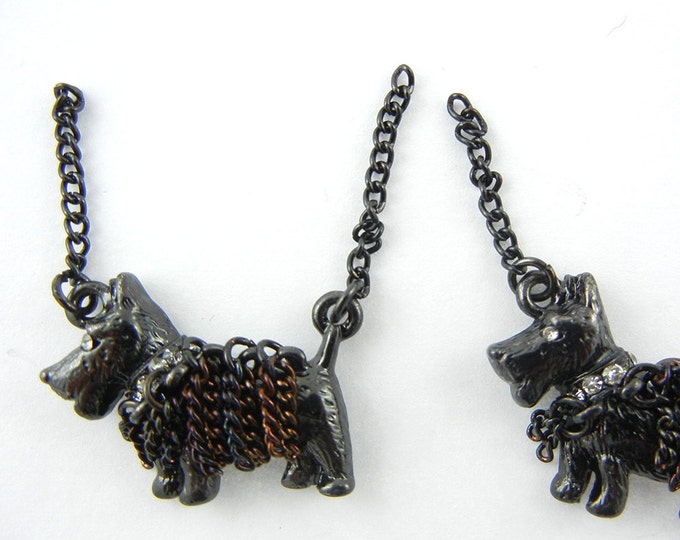 Pair of Black Epoxy Scottie Dog Charms with Chains Rhinestones Jewelry Supplies