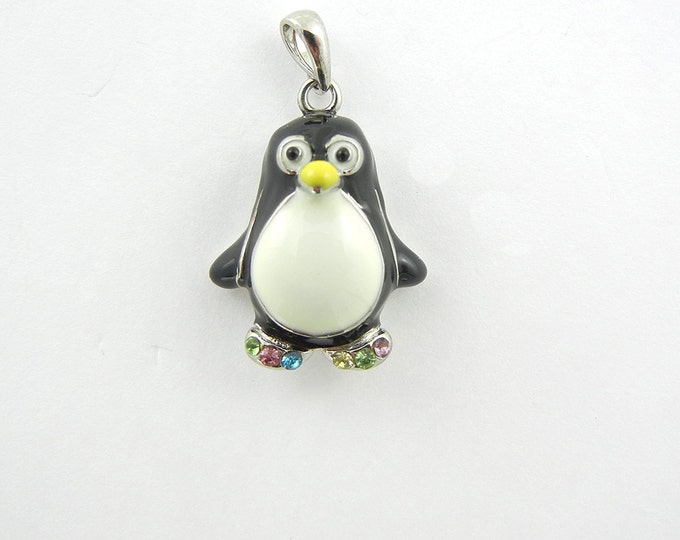 Little Black and White Penguin Pendant Multi Colored Rhinestone Feet