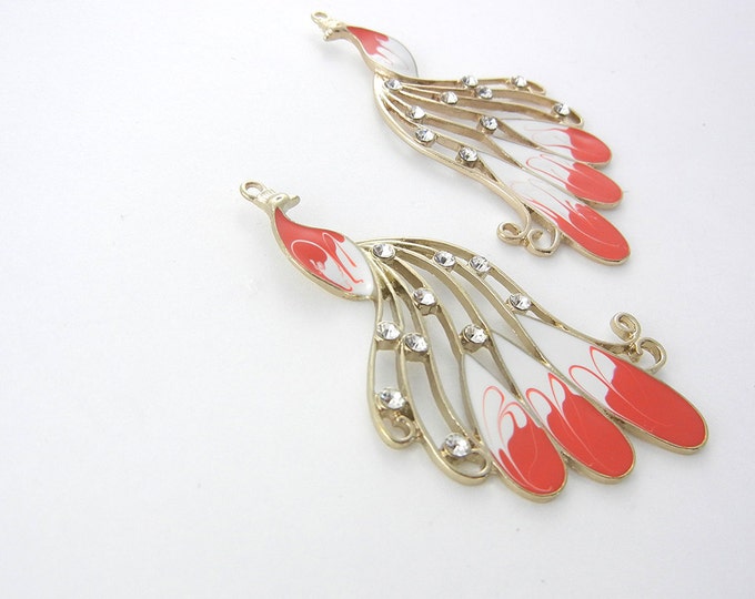 Large Pair of Gold-tone Red and White Epoxy Peacock Charms Rhinestones