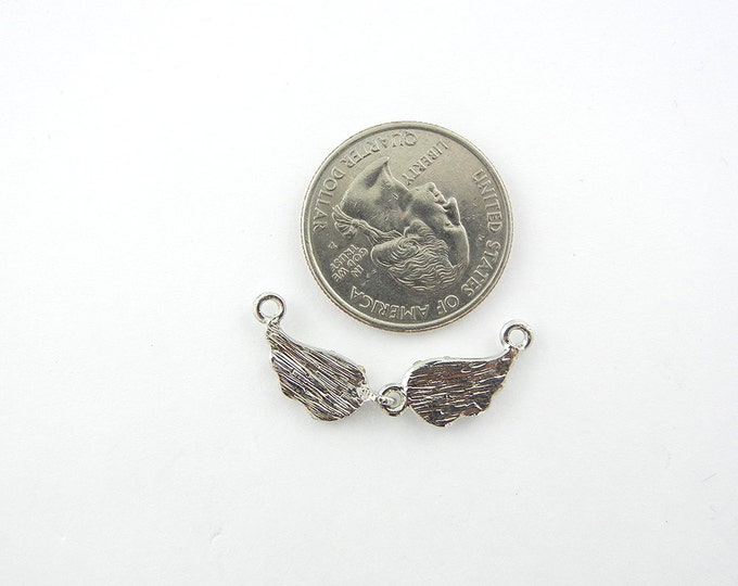 Very Small Rhinestone Encrusted Double Link Wings Pendant Silver-tone