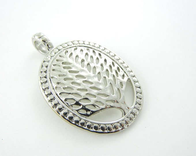 Bright Silver-tone Oval Tree of Life Pendant