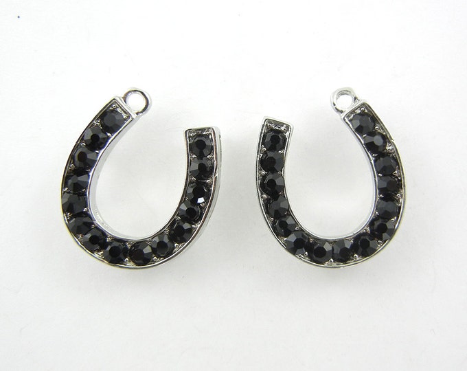 Pair of Black Rhinestone Horseshoe Charms Silver-tone