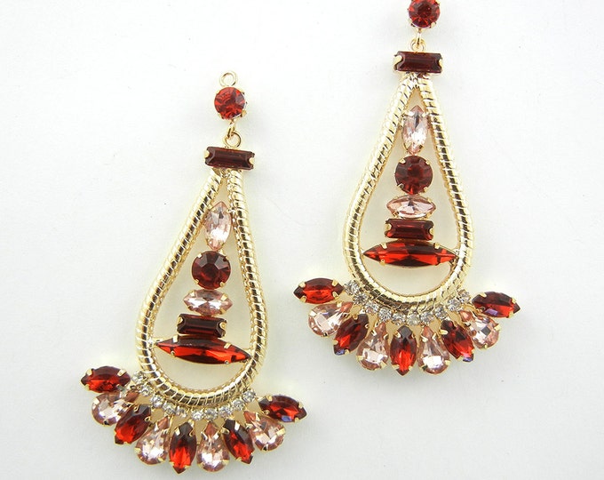 Pair of Gold-tone Drop Charms with Red and Pink Faceted Rhinestones