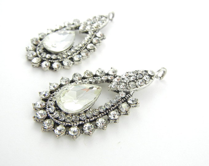 Pair of Rhinestone Drop Charms Antique Silver-tone