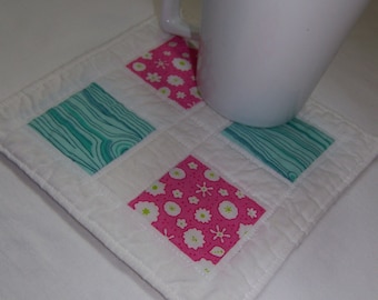 Scrappy Modern Mug Rug or Coaster in Pink and Minty Green