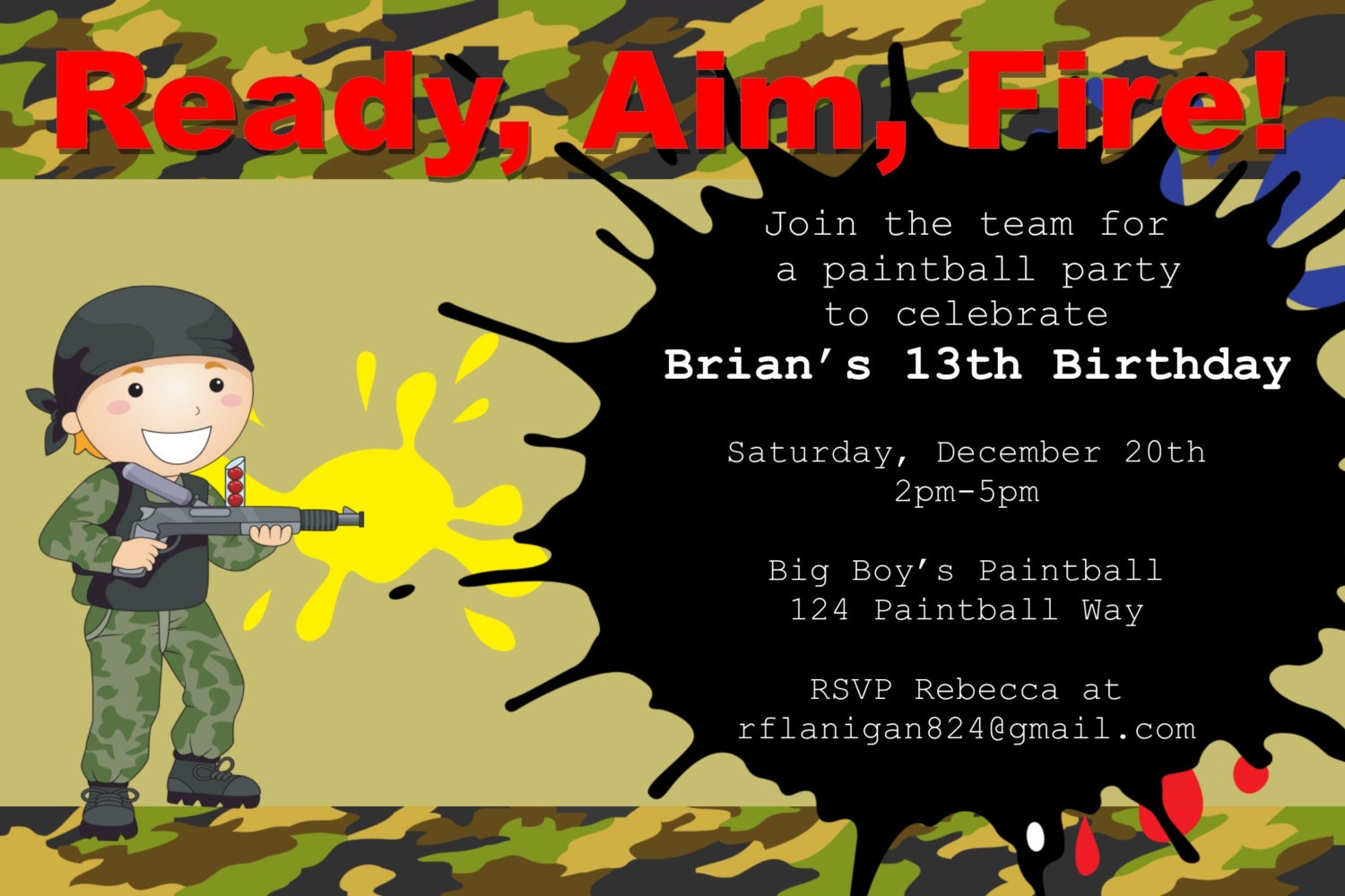 Paintball Party Birthday Invitation Printable Invitation