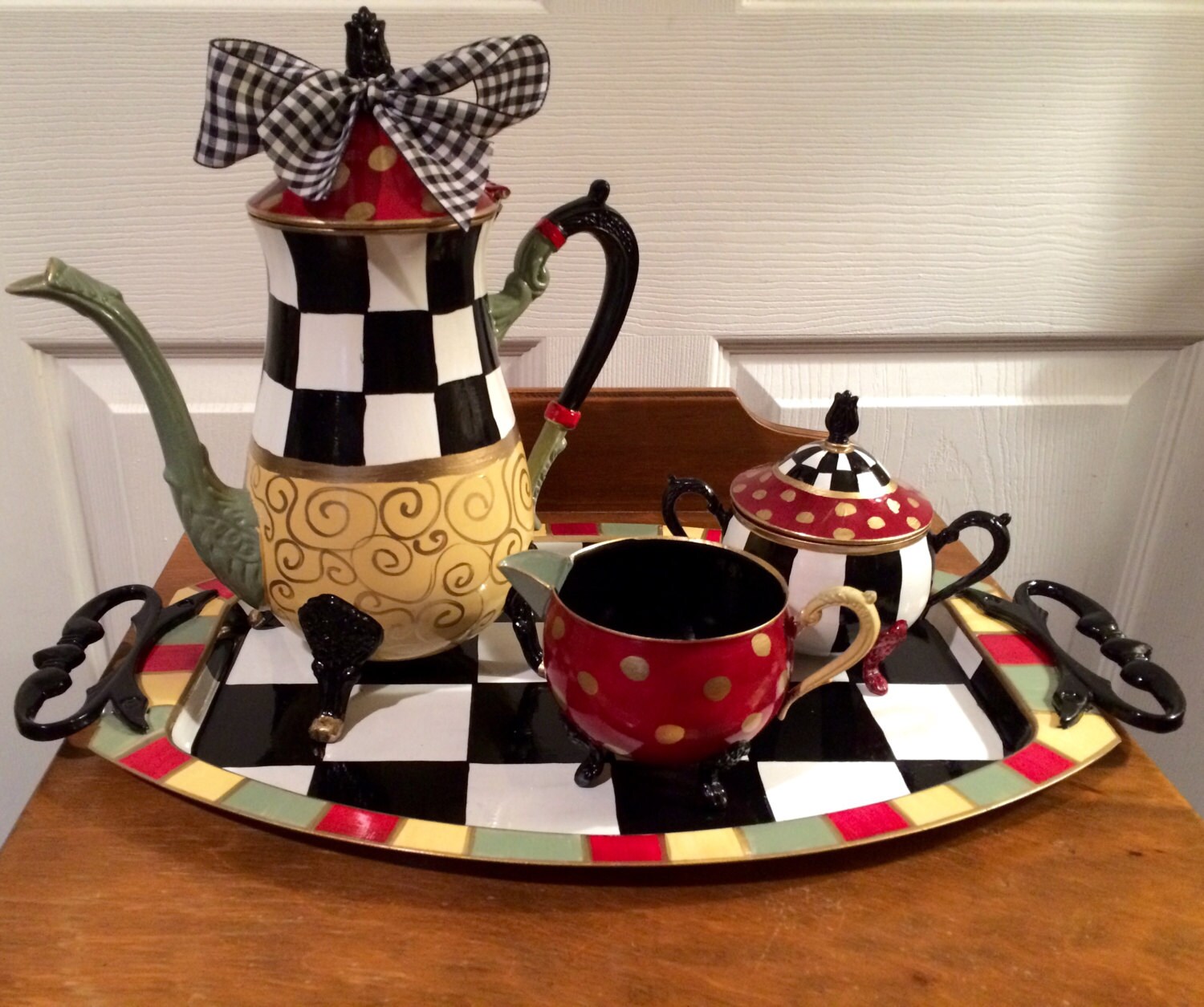 Painted silver tea set // painted teapot // whimsical painted