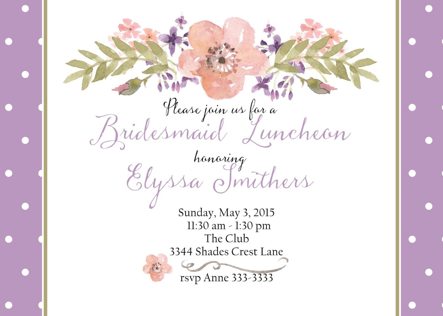 Bridal luncheon invitation custom original watercolor wedding