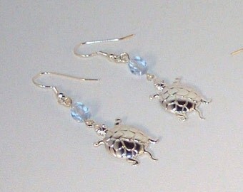 Silver Turtle and Aquamarine Crystal Earrings