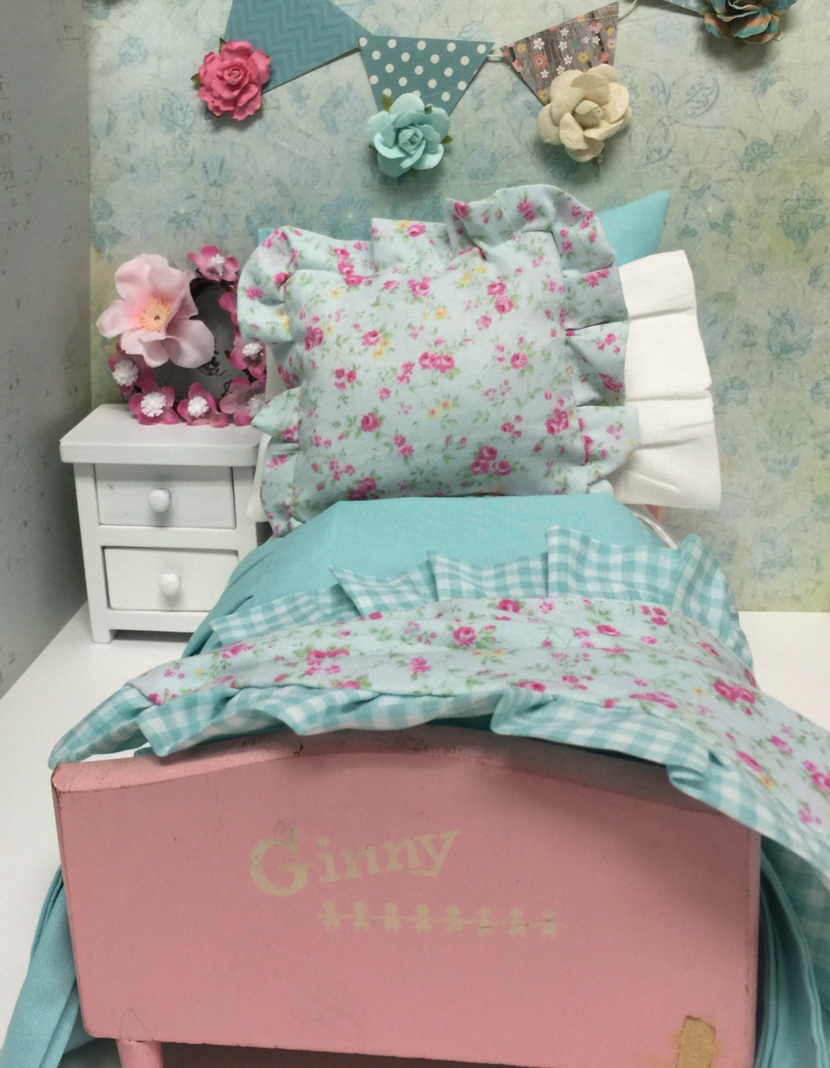 Vintage Doll Bed and Shabby Chic Aqua Full Bedding Set