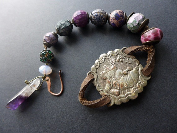 Daydreamer. Chunky purple rustic assemblage bracelet in shades of purple.