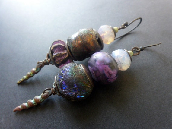 Celestial Light. Rustic assemblage earrings in iridescent purples.