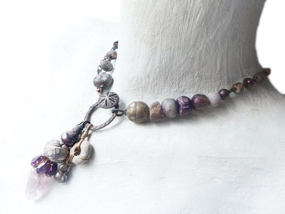 Waldeinsamkeit. Rustic assemblage choker necklace in grey and purple.