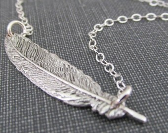 Silver Feather Necklace, Feather Pendant, Sterling Silver Feather Jewelry, Sideways Feather Necklace, Layering Necklace