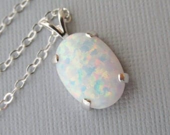 White Opal Necklace, Opal Pendant Necklace, October Birthstone Necklace, Sterling Silver Opal Necklace, Opal Jewelry, Lab Created Opals