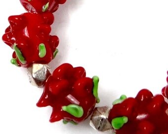 Lampwork Handmade Glass Beads Red Rose Floral Beads (9) (L1077)