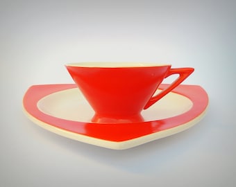 Atomic Art Deco Salem Streamline Cup w/ Tricorne Saucer in Mandarin Orange - Priced by Condition