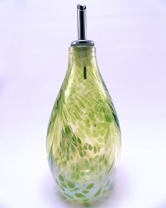 Olive Green Olive Oil Dispenser Handblown Glass by MissMacGlass