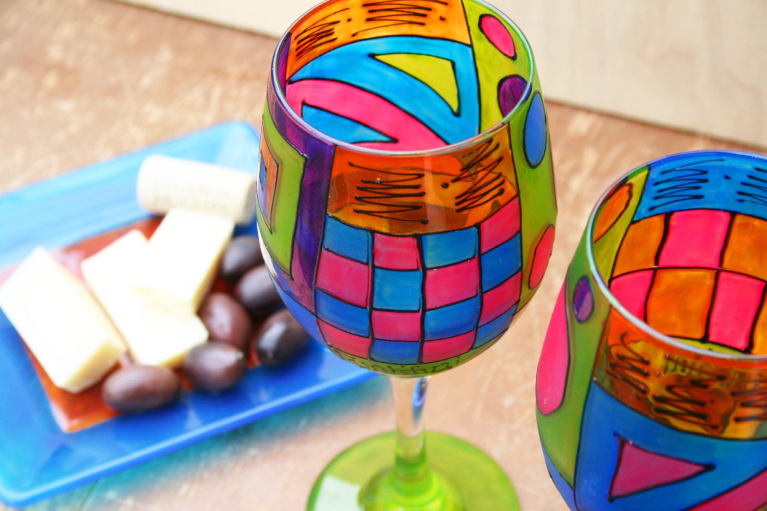Colorful Wine Glasses/Hand Painted Fused Glass/Gift for Wine