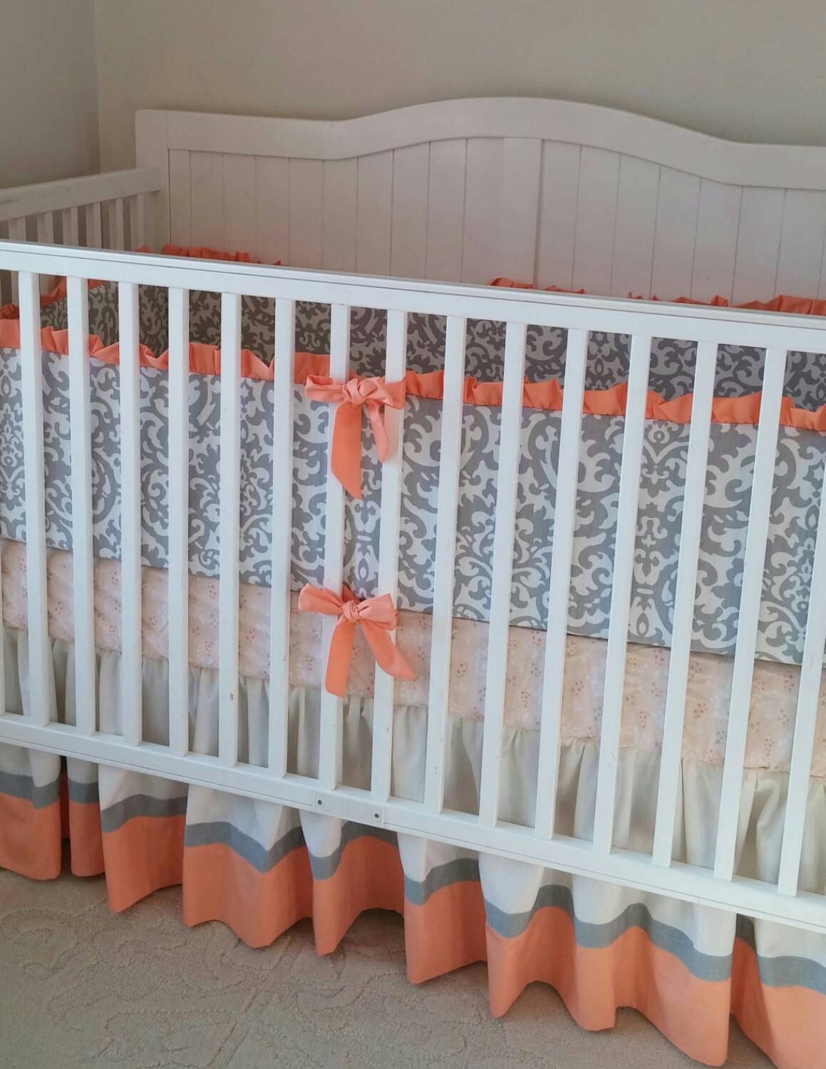 Peach Cream and Gray Damask Crib Bedding by butterbeansboutique