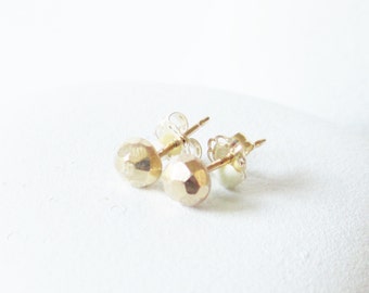 14 kt gold stud earring, solid faceted gold post earring , simple elegant and rustic