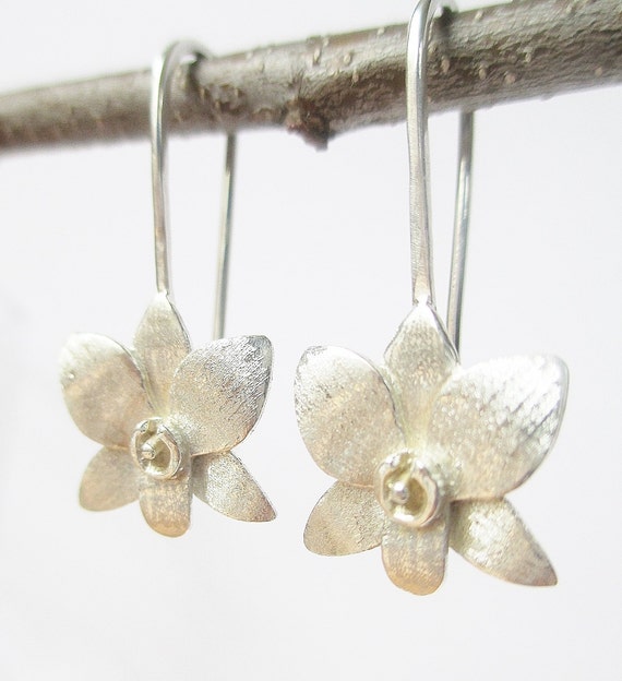 Silver Orchid Earring sterling flower matte finish