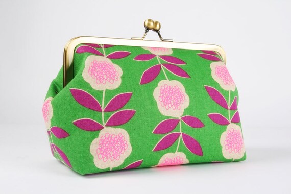 Frame clutch purse Neon flowers on green Cosmetic purse