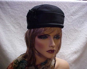 Black wool pill box hat trimmed in satin-with designer label Marshall Fields ...