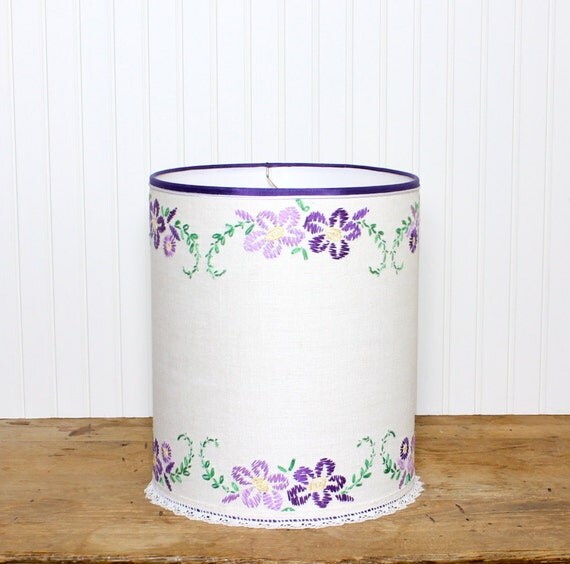 Embroidered Drum Lamp Shade Lampshade Vintage Linen Purple