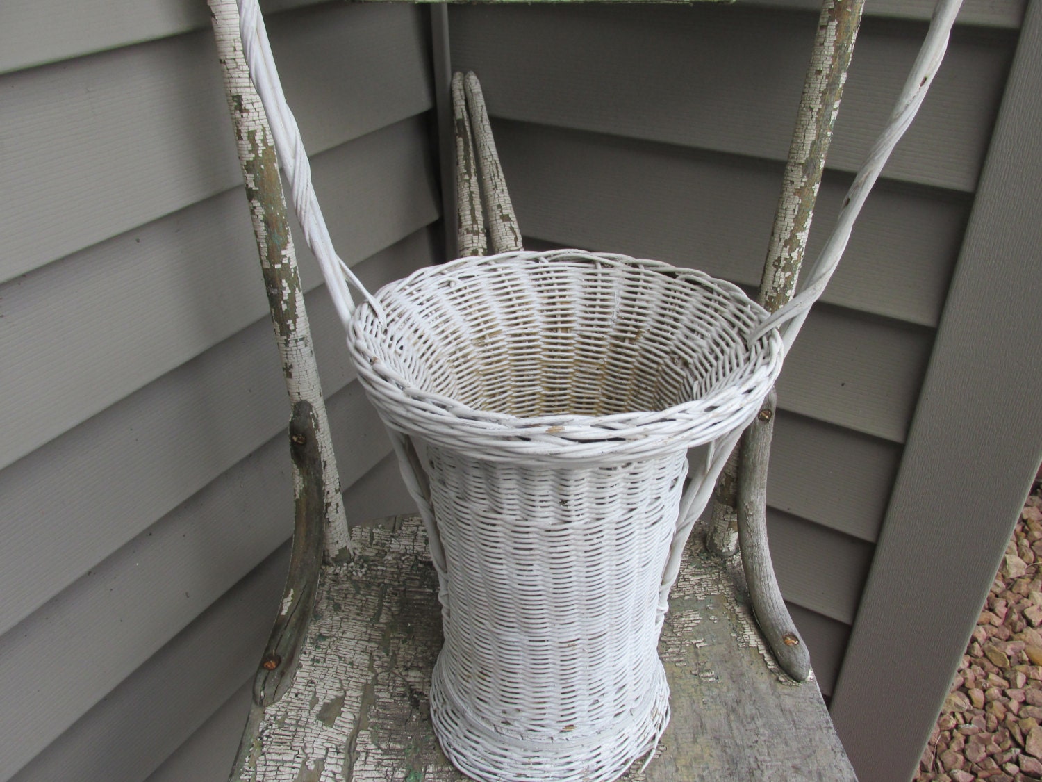 Vintage Wicker Basket Tall with Even Taller Handle White