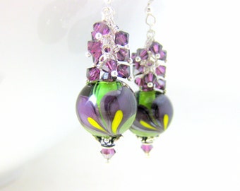 Purple Calla Lily Earrings, Floral Earrings, Crystal Dangle Earrings, Botanical Earrings, Lampwork Earrings, Nature Jewelry - Lilies