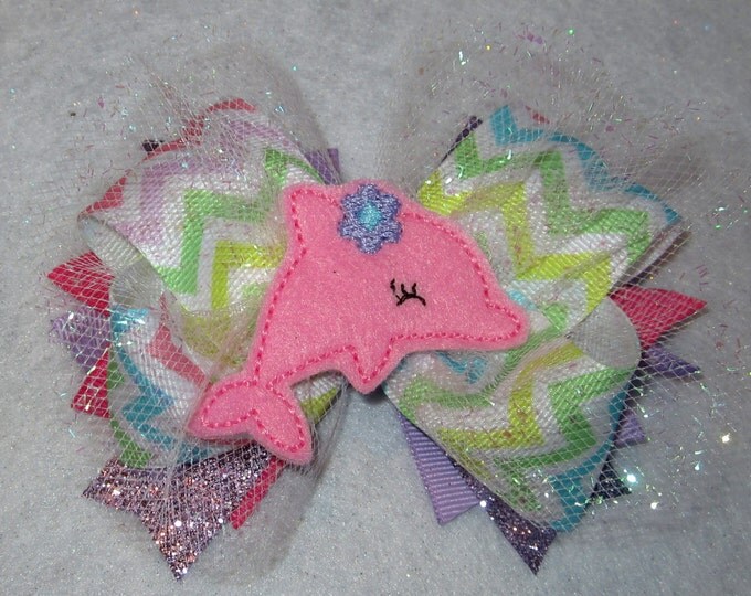 Dolphin Felt Sparkle Boutique Hair Bow 3 Layers of your Pastel Chevron Glitter Iridescent Tulle Hairbow Pick your color Ocean Sea