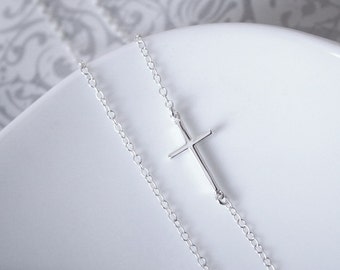 Sideways Cross Necklace, Sterling Silver Sideways Cross Necklace Silver Cross Necklace Sideways Cross Jewelry Baptism Gift Confirmation Gift