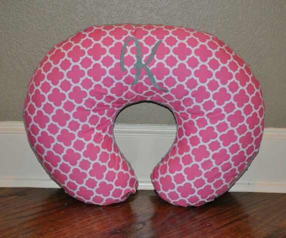 NURSING PILLOW COVER - Monogrammed/Personalized Custom Hot Pink Quatrefoil & Minky Dot Nursing Pillow Cover - Fits Boppy™ Pillow