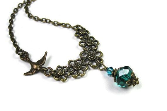 Teal Vintage Style Necklace, Czech Glass Necklace, Teal Green, Swarovski Crystal, Womens Accessories, Antiqued Brass Necklace, Gifts for Her