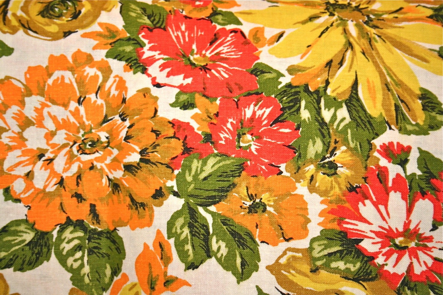 VINTAGE FLORAL FABRIC Mustard Yellow Orange by RESCUEDandREBORN